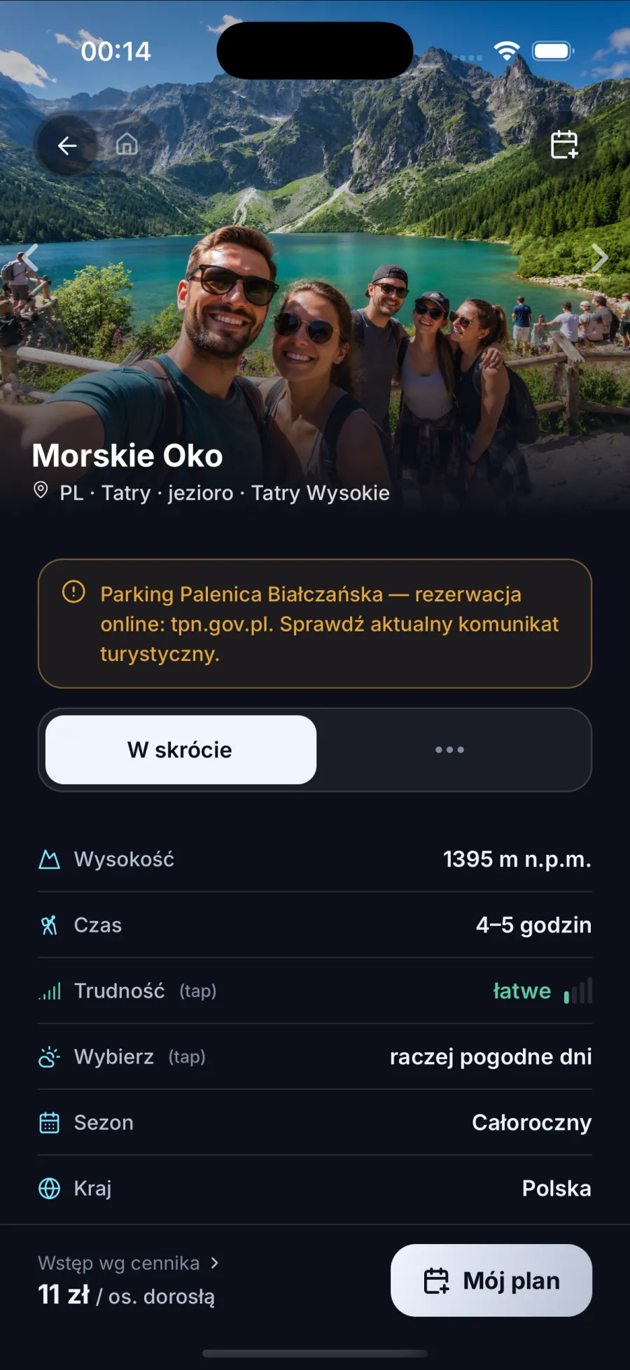 Ekran szczegółów miejsca — Morskie Oko